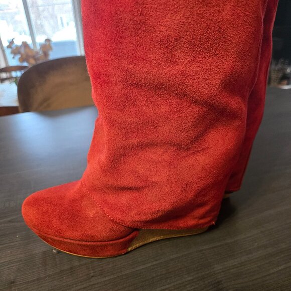 Red Slouchy Foldover Italian Suede Boots Size 8 - Picture 5 of 8